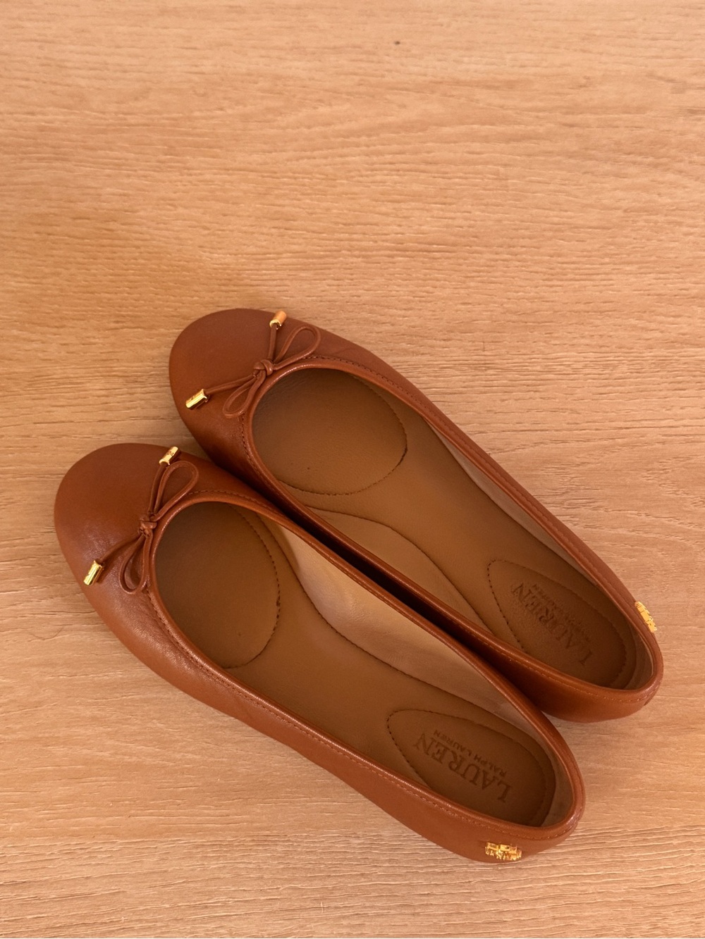 Lauren Ralph Lauren Cognac Leather Ballet Flats with Bow